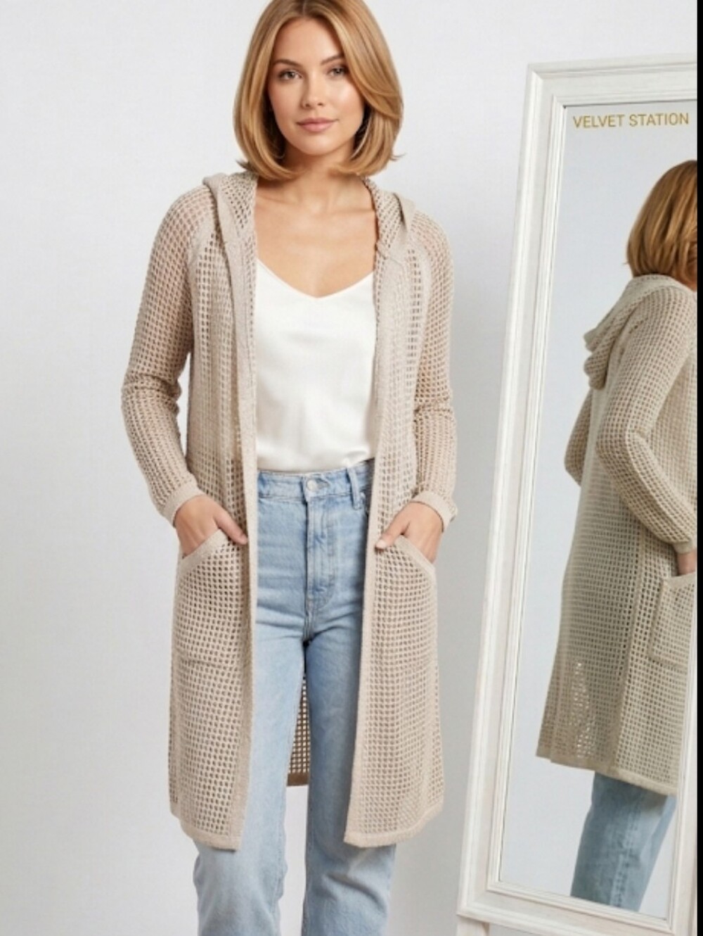 NWT Cyrus Longline Open-Knit Hooded Cardigan Beige Size L Boho Layering Sweater